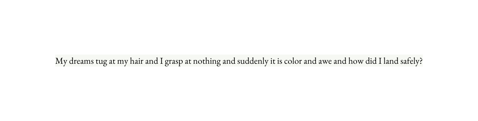 My dreams tug at my hair and I grasp at nothing and suddenly it is color and awe and how did I land safely